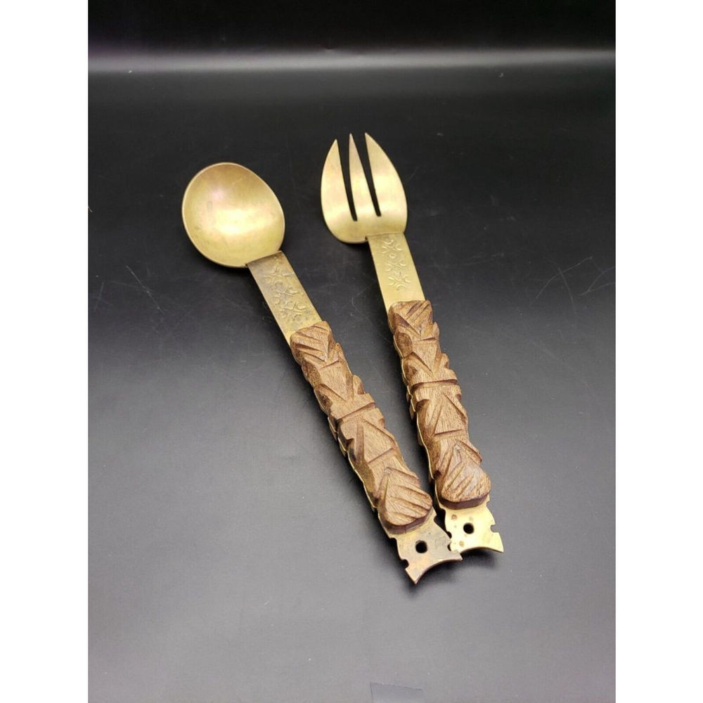 Vintage MCM Spoon & Fork Salad Servers Wood and Brass 11" Long